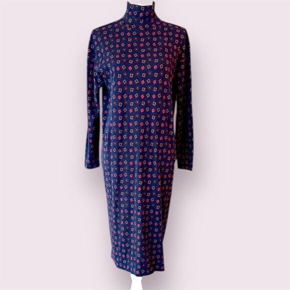 LANDS' END Vintage 80s/90s Geometric Print Mock Neck Midi Dress Made In USA - Picture 1 of 8
